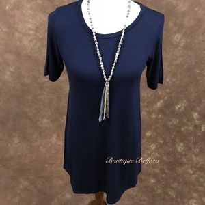 Navy Short Sleeve Long Body Knit Top